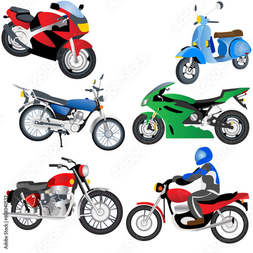 Vector illustration of different motorcycles isolated on white background.