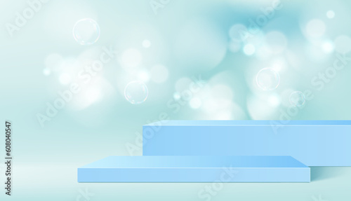 Blue podium with bokeh and soap bubbles background, vector product display platform. Studio podium or show pedestal with light flares and soap bubbles for product display stand or showcase