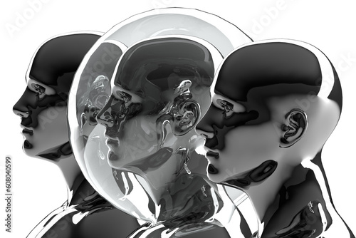 3D illustration. Three metal mannequins and one of them in a security bubble. 