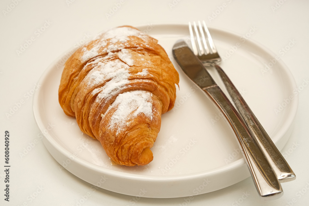 Tasty croissant with sprinkling icing sugar on white plate on white background. 
