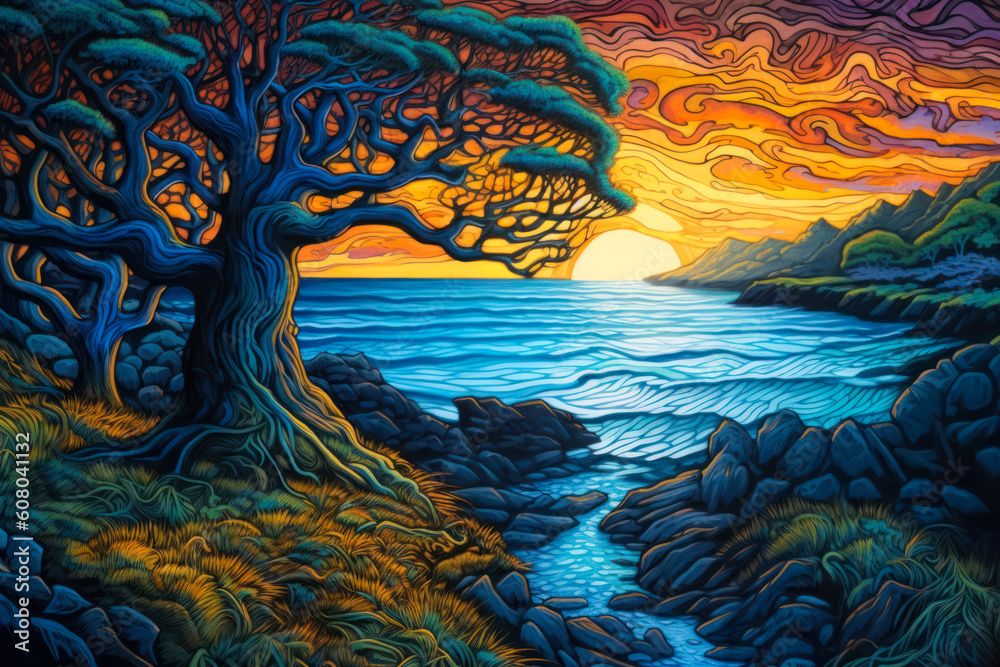 Stylized Celtic landscape, dawn over the sea, colorful, swirling flowing brushstrokes, painting. Generative AI