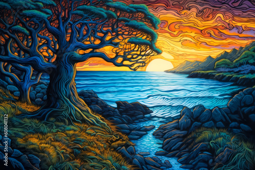 Stylized Celtic landscape  dawn over the sea  colorful  swirling flowing brushstrokes  painting. Generative AI