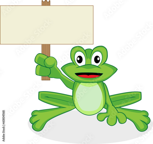 Vector illustration of a cute happy looking tiny green frog with big eyes. No gradient. Place your text in the empty sign.