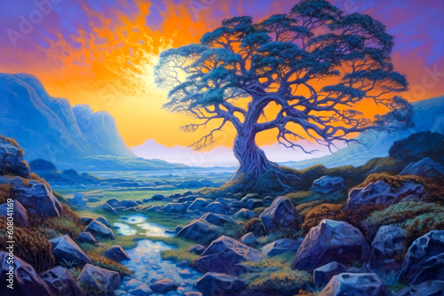 Stylized Celtic landscape  early morning dawn  colorful  tree  rocky. Generative AI