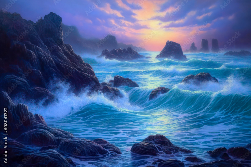 Ocean waves crashing on the rocky shore in the early morning misty fog dawn, blue purple cool colors, landscape painting, seascape, Celtic, Ireland. Generative AI