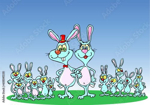 happy large family of rabbits (male, female and children)