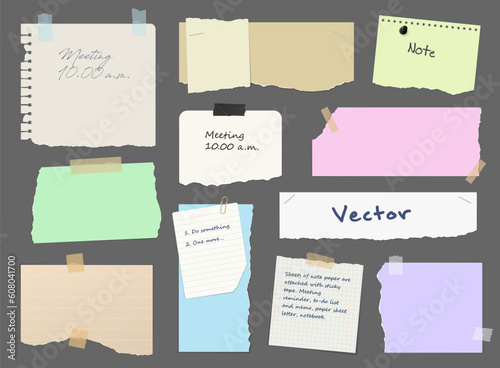 Paper notes, stickers, sticky sheet and tape or memo notepad posts, blank vector. Paper message notes, page notices on board, notebook adhesive stickers for to do list list of torn ripped paper notes