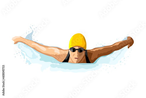 illustration of lady swimming on isolated background