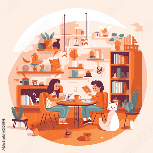 activities of school students studying together at home