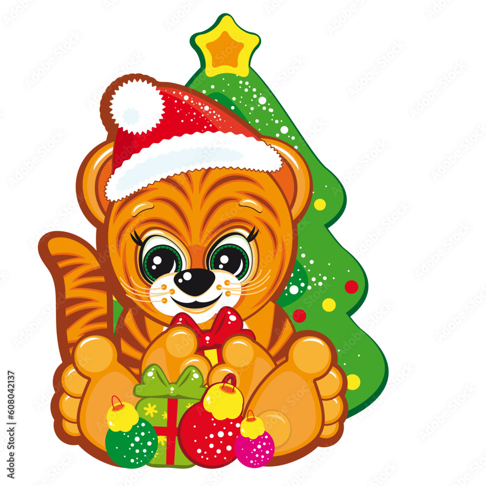 Naklejka premium Tiger in the Santa hat with presents