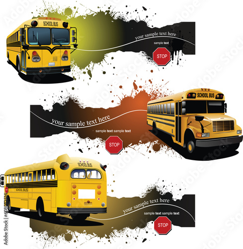 Three grunge banners with Yellow school buses. Vector illustration