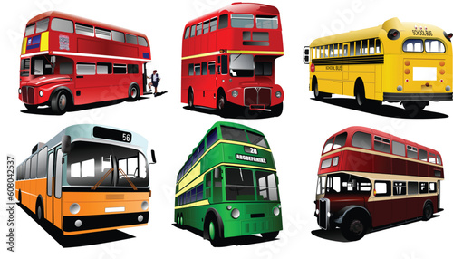 Six city buses. Coach. School bus. EPS10 Vector illustration for designers