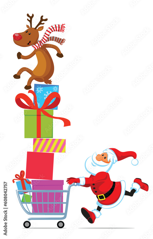 Santa Claus running with shopping cart full of gifts