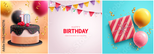 Happy birthday text vector set banner design. Birthday cake, surprise gift and pennants party elements. Vector illustration greeting and invitation card collection