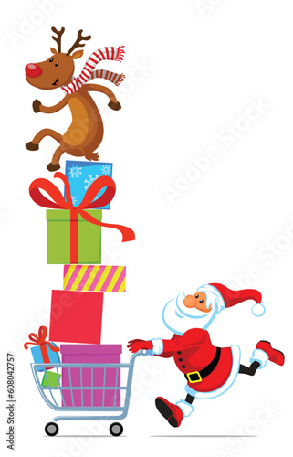 Santa Claus running with shopping cart full of gifts