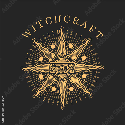 Witchcraft, occultism and esoteric magic icon with Star of David, sun and Eye of Eye symbols. Religion occult seal, tarot magic emblem or astrology icon, mystic tattoo and occultism ritual sign