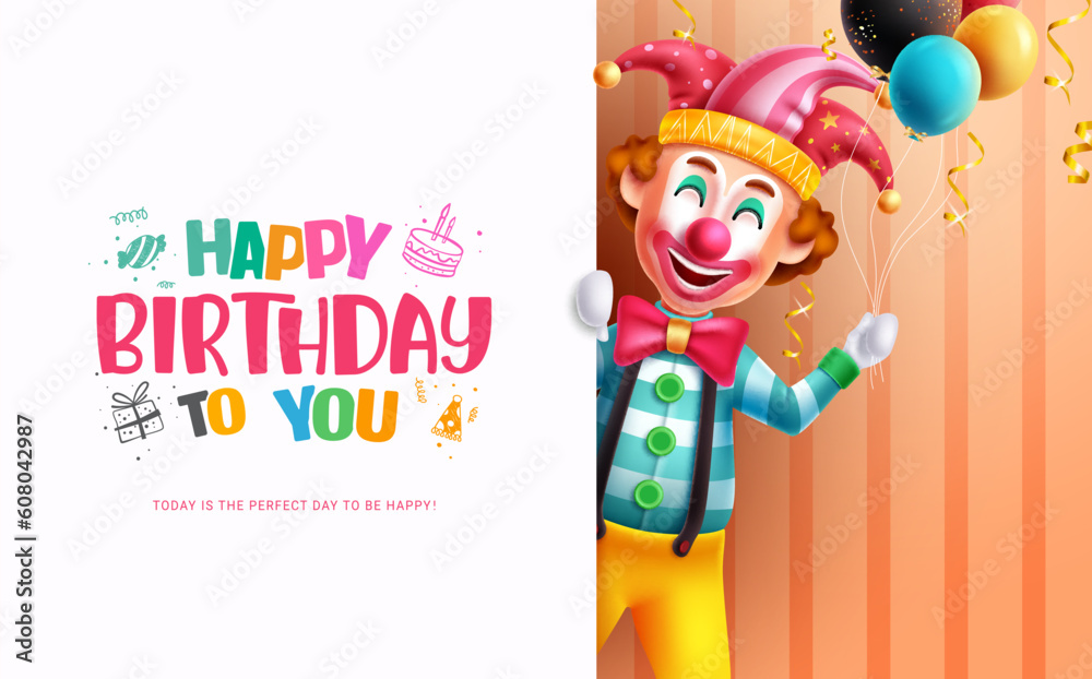 Naklejka premium Happy birthday text vector template. Birthday greeting card with colorful clown mascot funny and happy character. Vector illustration party invitation dedication card. 