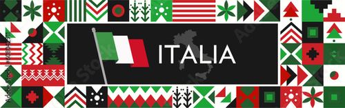 Italia national day banner design. Italian flag map theme graphic art web background. Abstract celebration decoration, red white green color. Italy flag geometric icons vector illustration.