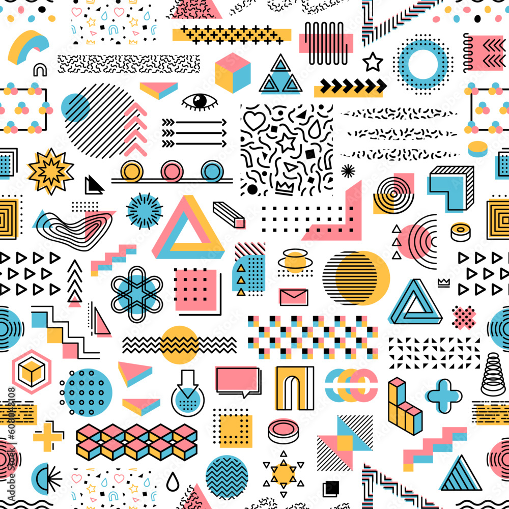 Memphis geometric shapes seamless pattern, vector abstract background. Line art and halftone creative elements of Memphis pattern, triangle, square and round forms doodle line zigzag geometric pattern