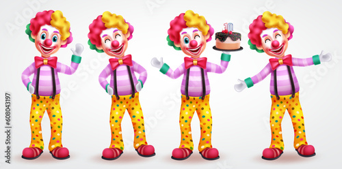 Clown character vector set design. Birthday clown, mascot, buffoon and joker characters in standing poses. Vector illustration funny comedian cartoon collection.