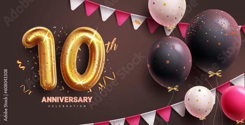 Anniversary 10th year vector design. Happy 1oth anniversary text  in empty space with metallic gold balloon elements. Vector illustration invitation card in elegant background.