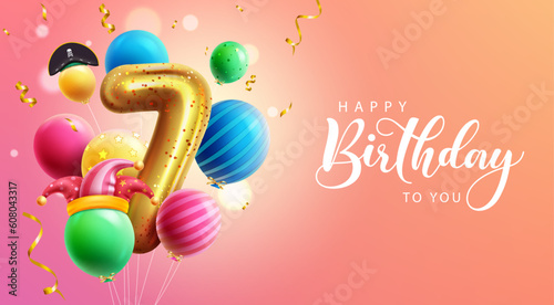 Happy 7th birthday vector design. Birthday greeting text in empty space with colorful balloon bunch elements.  Vector illustration invitation card for 7th bday background. 