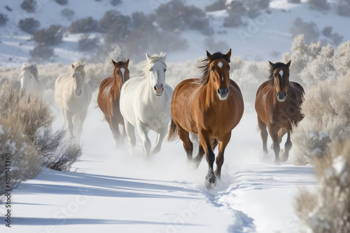 Wild horses running through snowy landscape, generative AI