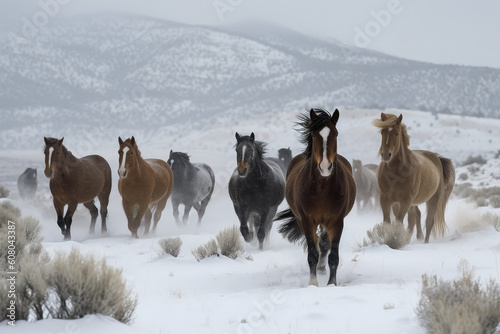 Wild horses running through snowy landscape, generative AI © Kien
