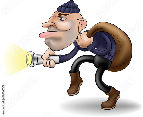 illustration of a robber or burglar creeping along with his swag bag