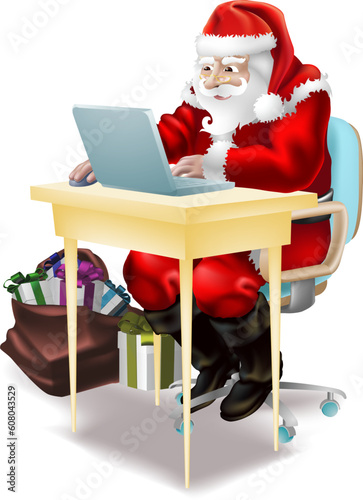 Illustration of father christmas  shopping on-line or writing his "naughty and nice" list on christmas eve