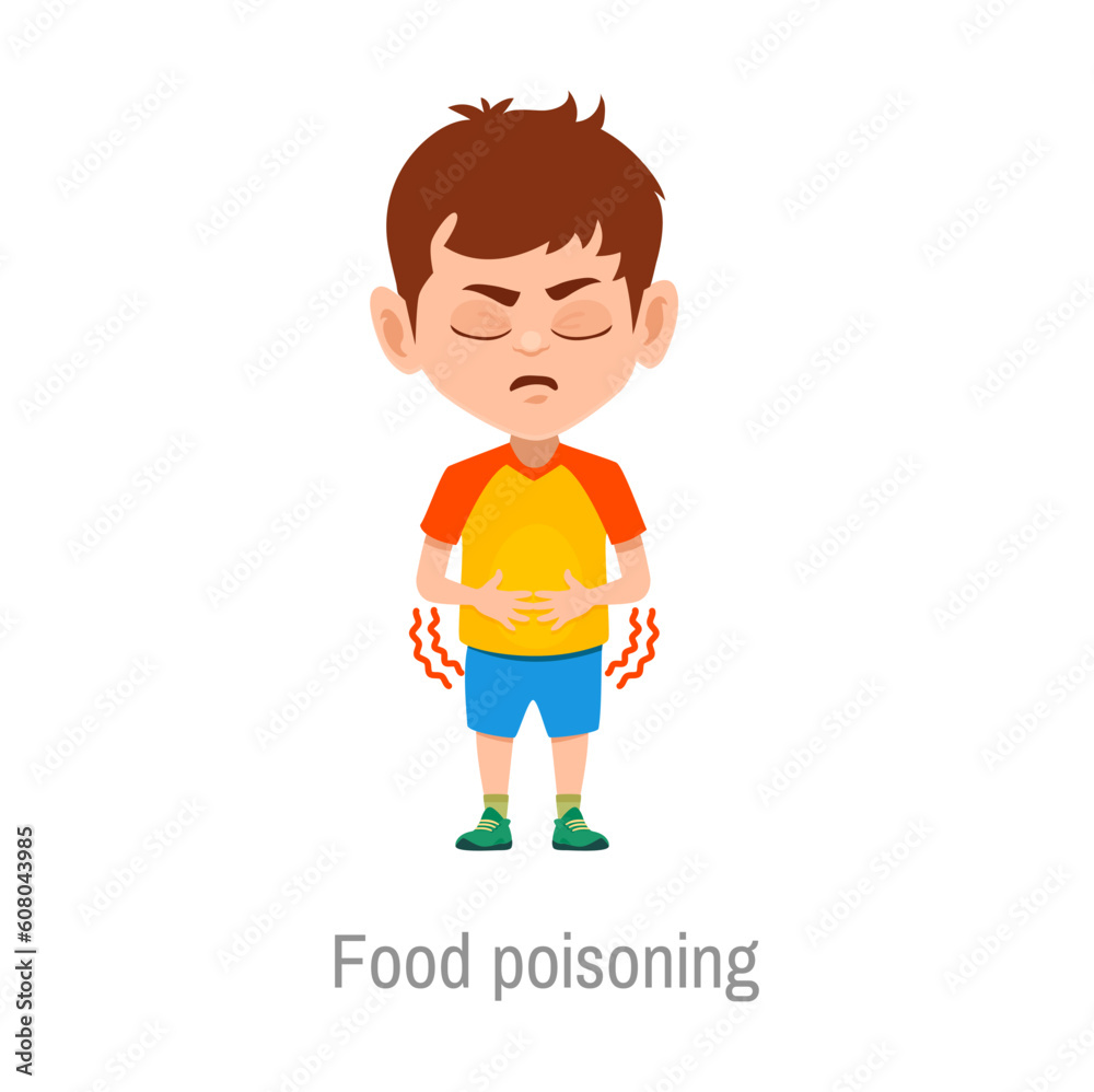 Child food poisoning disease. Isolated vector sick boy with stomach