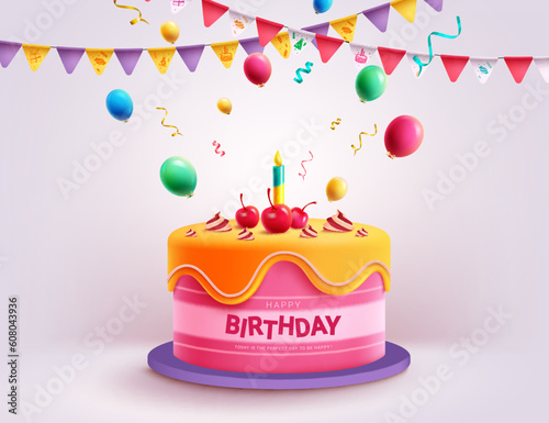 Birthday cake vector design. Happy birthday text in yummy dessert cake with colorful balloons and pennants party elements. Vector illustration invitation card concept.