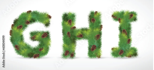 GHI, vector christmas tree font with green fir