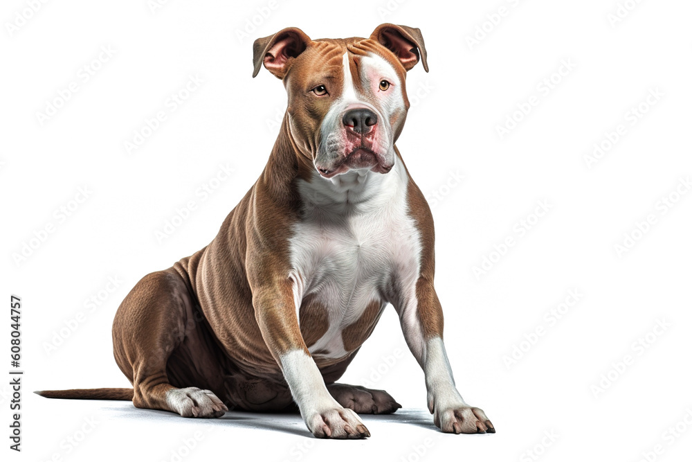 Image of american pit bull terrier dog on white background. Pet. Animals. Illustration. Generative AI. - obrazy, fototapety, plakaty 