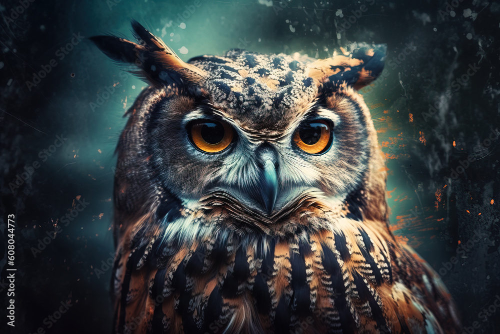 Image of an owl head on dark background. Birds. Wildlife Animals. Illustration, generative AI. Image of an owl head on dark background. Birds. Wildlife Animals. Illustration, generative AI.