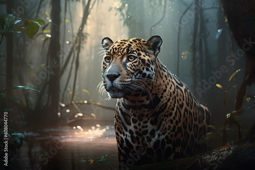 Image of a jaguar in the middle of the forest. Wildlife Animals. Illustration, generative AI. © yod67