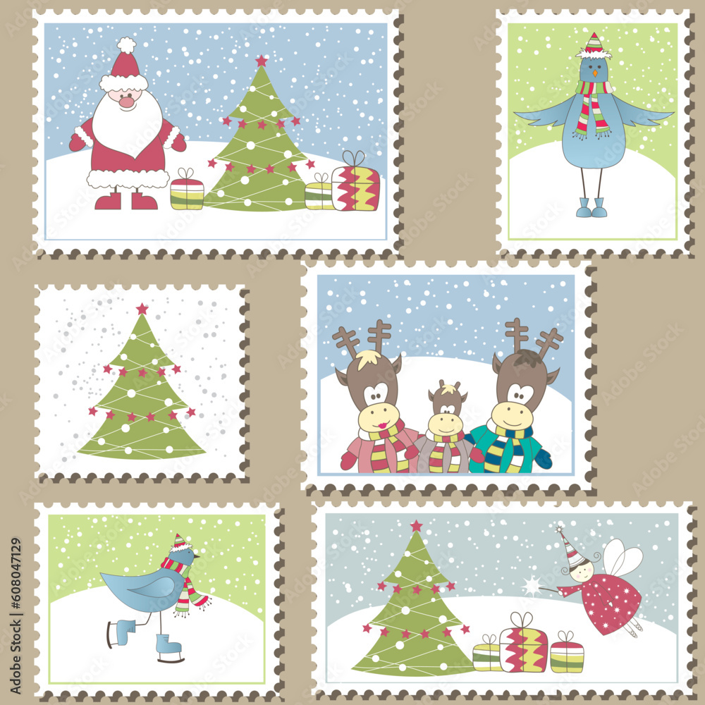 Large Set of colorful Christmas Postage stamps.Vector illustration