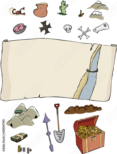 A customizable, comic-style treasure hunter map template with optional items. Fun for all ages.