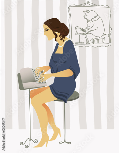 old fashioned drawing typist romantic young woman