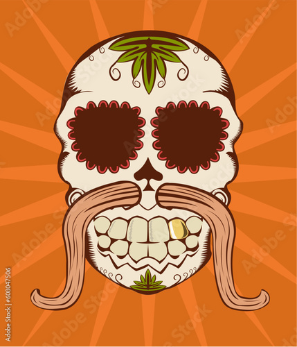 Vector illustration of orange decorative sugar skull