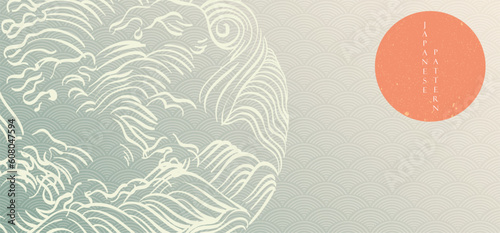 Japanese background with moon and sun vector. Hand drawn line, wave and chinese geometric element decorations in vintage style. Art abstract banner design in circle shape