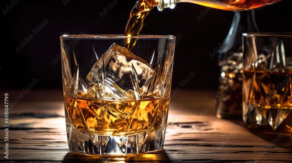 pouring whiskey from bottle into the cristyl glass for whiskey with ice cubes on black background. Glass of scotch whiskey and ice on black background pouring whiskey from bottle into the cristyl glass for whiskey with ice cubes on black background. Glass of scotch whiskey and ice on black background