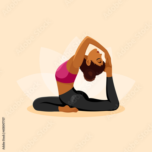 Woman with dark skin practicing yoga in dove pose. Flat vector cartoon illustration