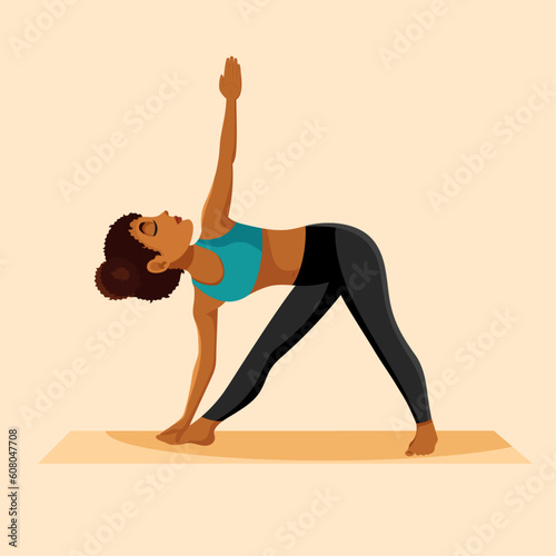 Girl with dark skin practicing yoga in triangle pose. Flat vector cartoon illustration
