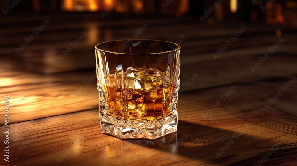 Glasses of whiskey with ice cubes served on wood. Generative AI Glasses of whiskey with ice cubes served on wood. Generative AI