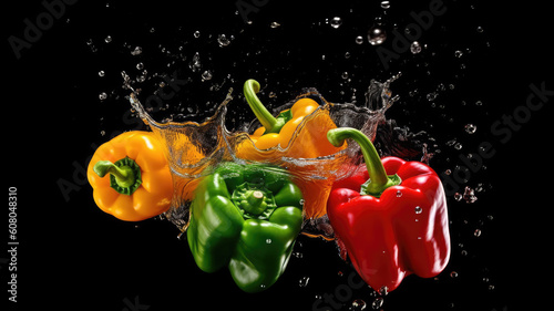 Colorful sweet bell peppers  covered with water droplets. Generative AI