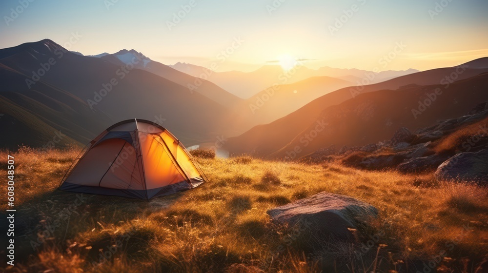 Camping in the mountains at sunrise. The tent stands on the grass, Generative AI