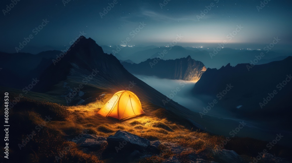 Tourist tent in the mountains at night, Generative AI