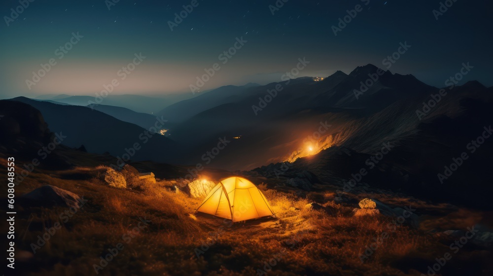 Tourist tent in the mountains at night, Generative AI