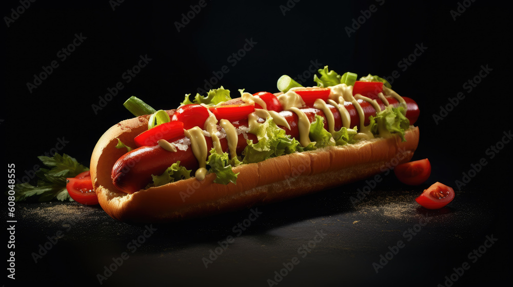 Hot juicy hot dog with vegetables and meat.Street food. Generative AI Hot juicy hot dog with vegetables and meat.Street food. Generative AI
